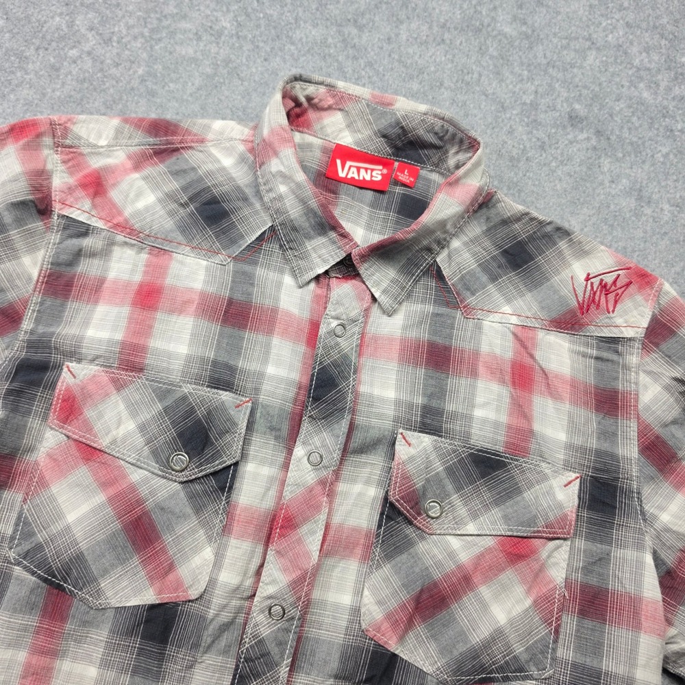 Vans Mens Large Red Grey Plaid Long Sleeve Western Snap Button Down Shirt